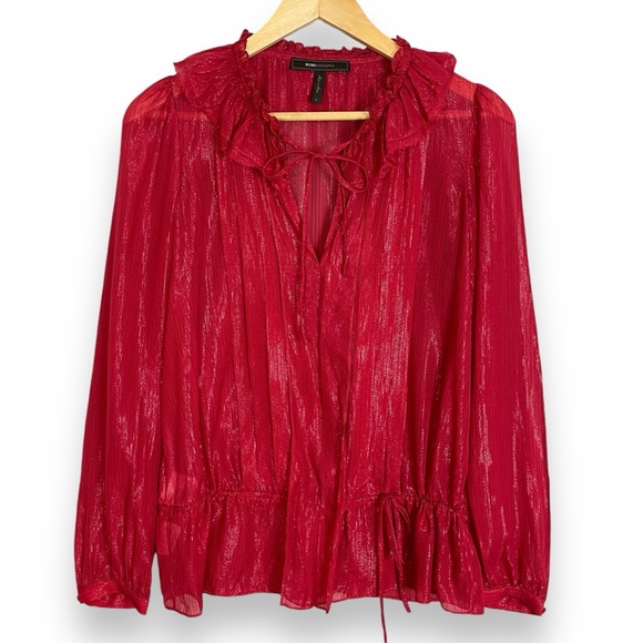 BCBG Blouse Silk Nylon Sheer Red Sparkly Ruffle‎ Collar Pleated Front Size Small - Picture 1 of 13
